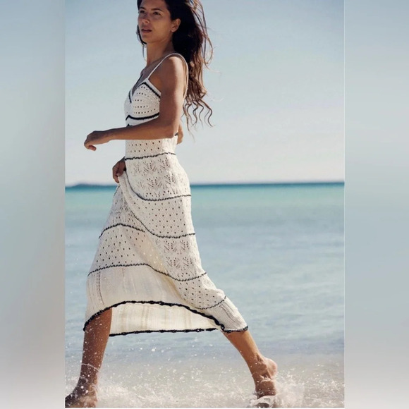 Lucky Brand Crochet Bohemian Black And Off White Ivory Midi Boho Dress Medium - Picture 3 of 16